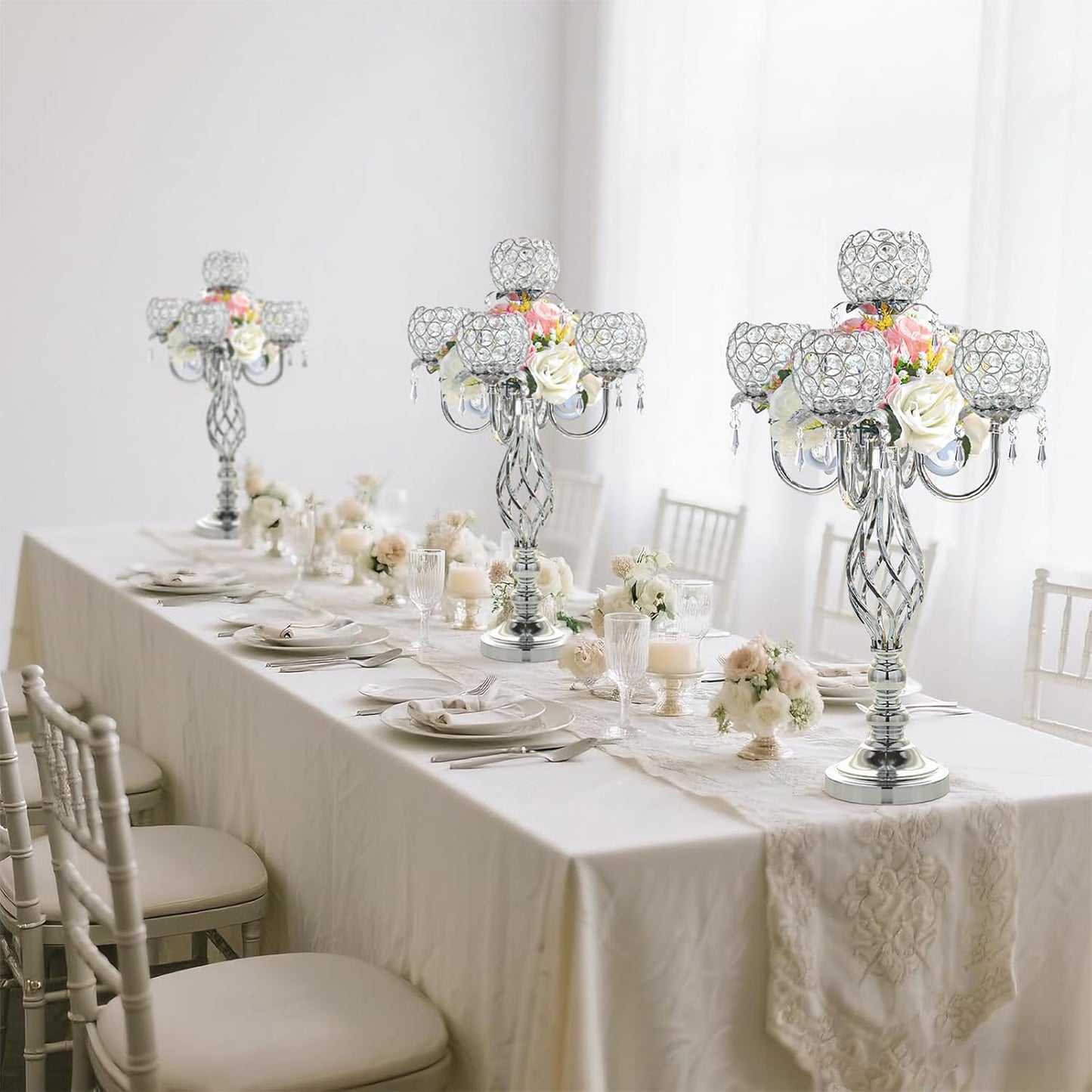 5-Arm Crystal Candelabra Centerpiece 23.2" Tall - Elegant Candle Holder Stand with Crystal Bowl, Chic Table Decor for Weddings, Parties, Anniversary & Home Decoration (4, Silver)