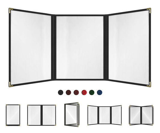 Goodsmart Restaurant Menu Covers – 25 Pack Black 6-View Trifold 8.5" x 11", Side-Loading Vinyl & Plastic Menu Holders, Clear Menu Sleeves, Leather-Style Café Covers with Gold Corners
