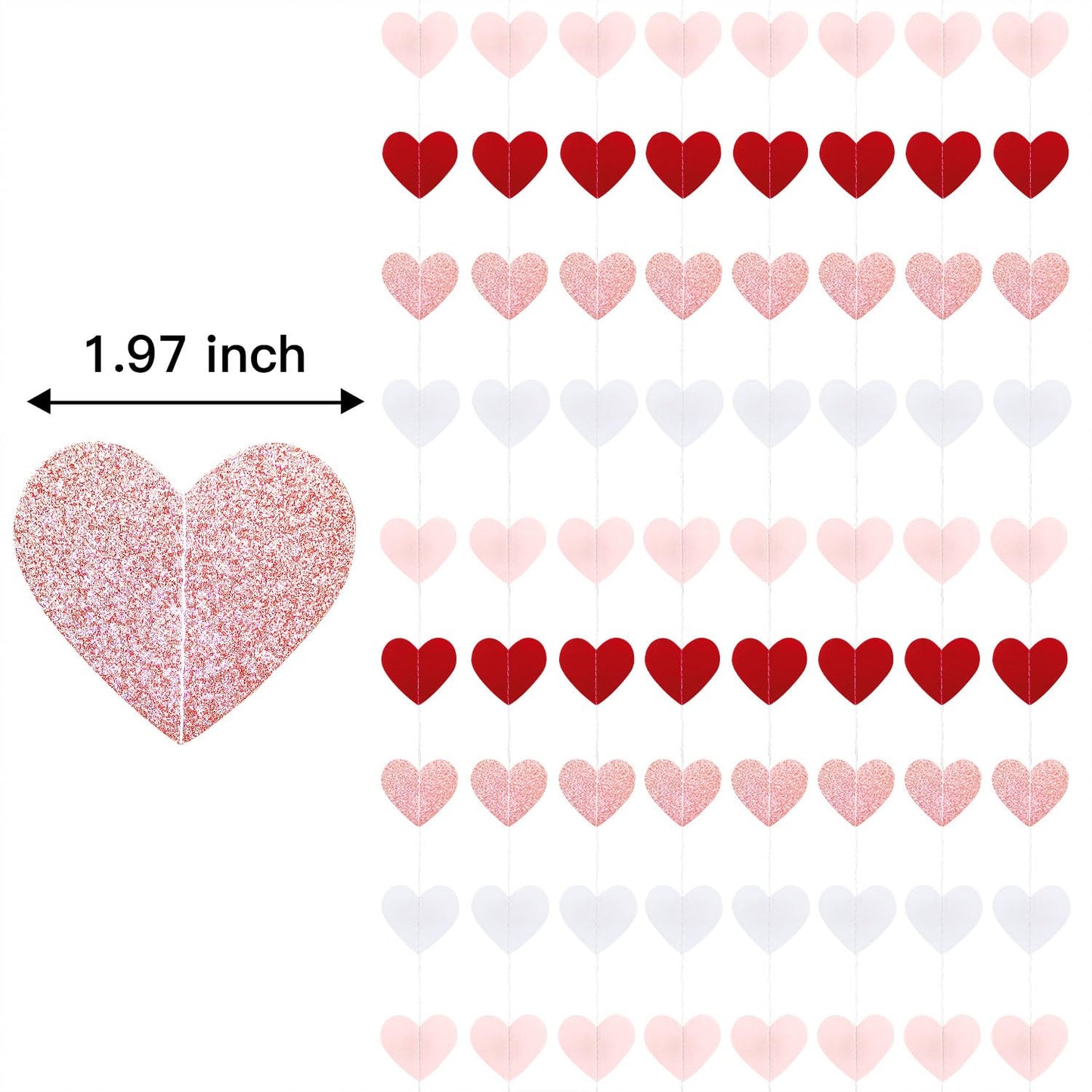 XIANMU 8 Strands Heart Garland Valentines Day Heart Paper Streamers Banner Rose-Gold Pink