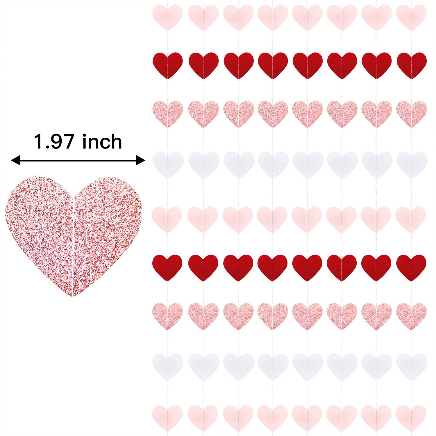 XIANMU 8 Strands Heart Garland Valentines Day Heart Paper Streamers Banner Rose-Gold Pink