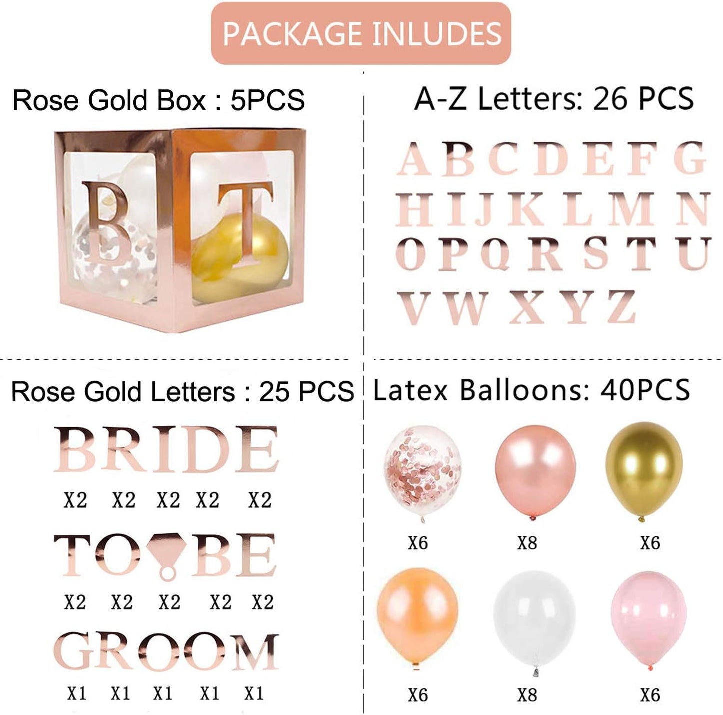 96 PC Bridal Shower Decorations Balloon Boxes Rose Gold - Transparent Block with BRIDE TO BE + GROOM + A - Z Letters and 40 Balloons- Engagement Bachelorette Parties Weddings Centerpieces Photo Booth