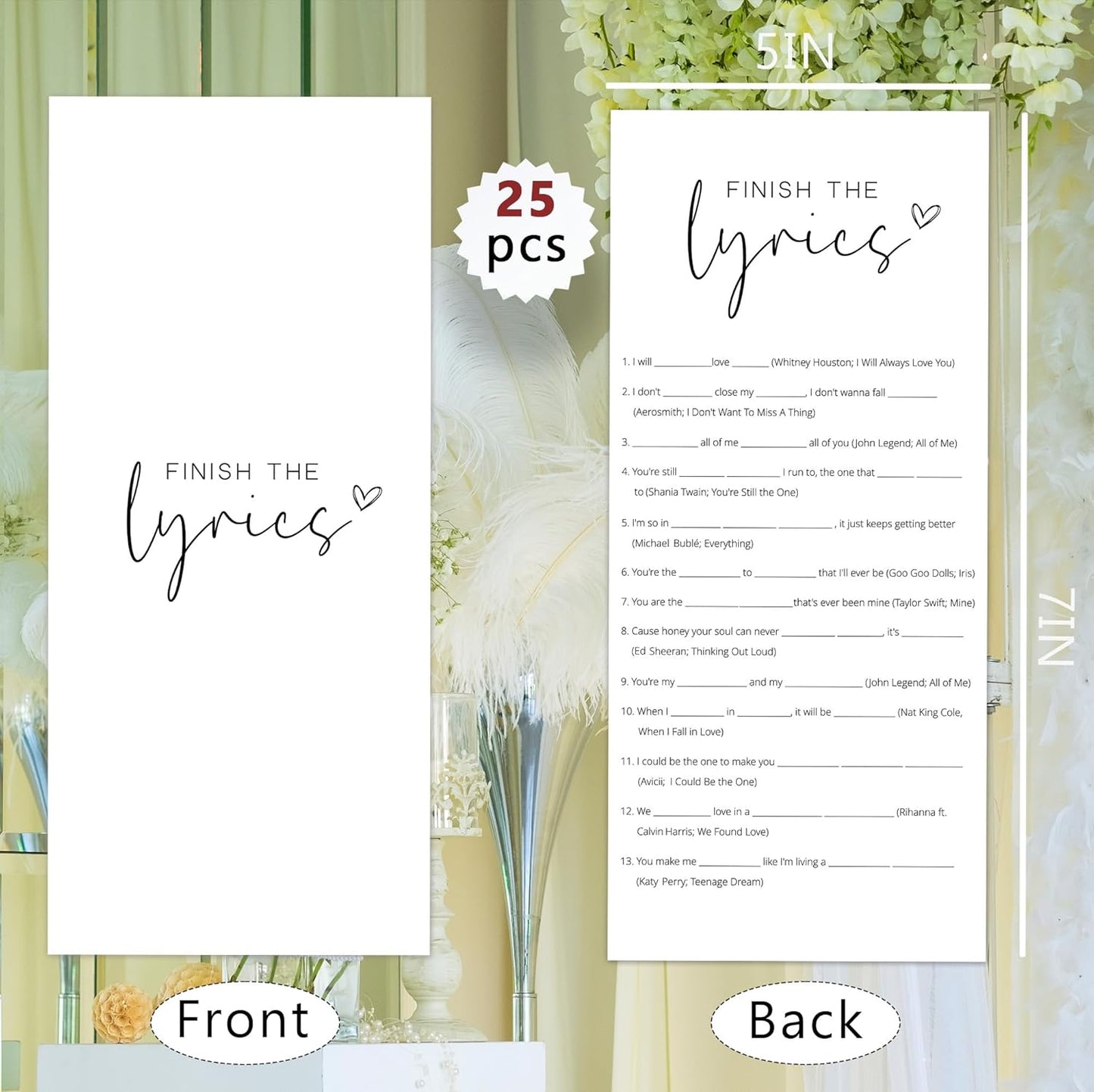Bridal Shower Games, Finish the Lyrics, 25Pcs 4x9inch Minimalist White Double-Sided Bridal Game Cards with 1 Answer Key, Wedding Shower Games for Guests, Engagement Bachelorette Party Supplies - A09