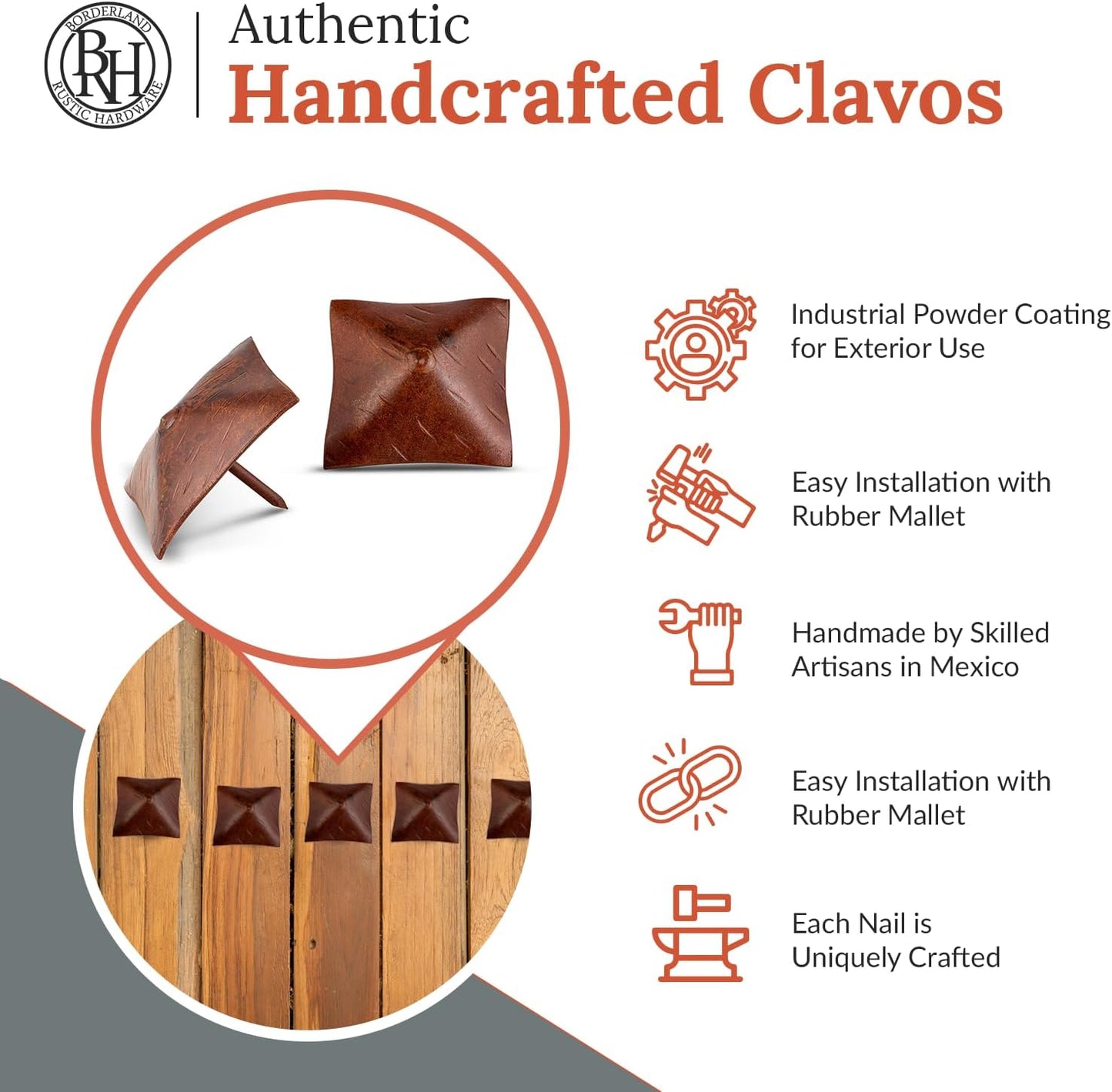 100 Pack 2" Square Head Iron Clavos Decorative Nails – Sealed Rusted – Handmade Rustic Square Fasteners for Farmhouse Shutters, Faux Wood, Barn Doors, Shutters, and Gates – Ornamental Wood Accent