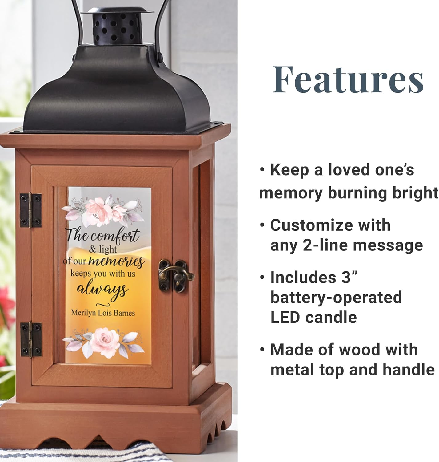 Let's Make Memories Personalized Memorial Lantern - Sympathy - Condolences - in Memory - LED Candle - Automatic Timer - Wood/Metal - Comfort & Light