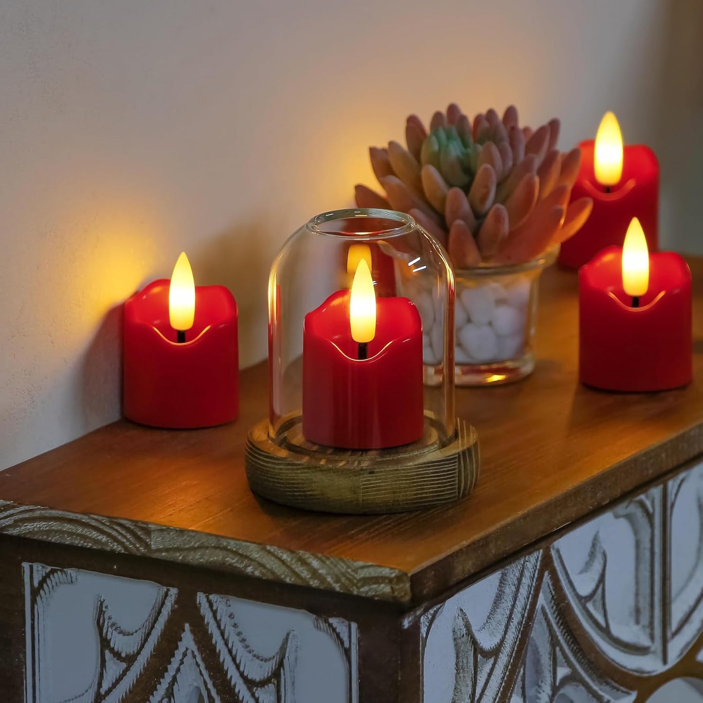6 Pack Battery Operated Auto Daily Timer Burgundy Plastic LED Flameless Votive Candles, Long Runtime 1.6" x2.3" Flickering Tealight Candles with Remote Control