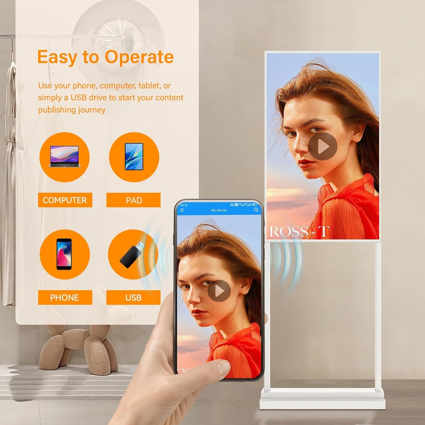 43 Inch Digital Signage Display Kiosk, Indoor Floor Standing Advertising Display Poster, LCD Commercial Display with Auto Media Player, Android System, USB/WiFi