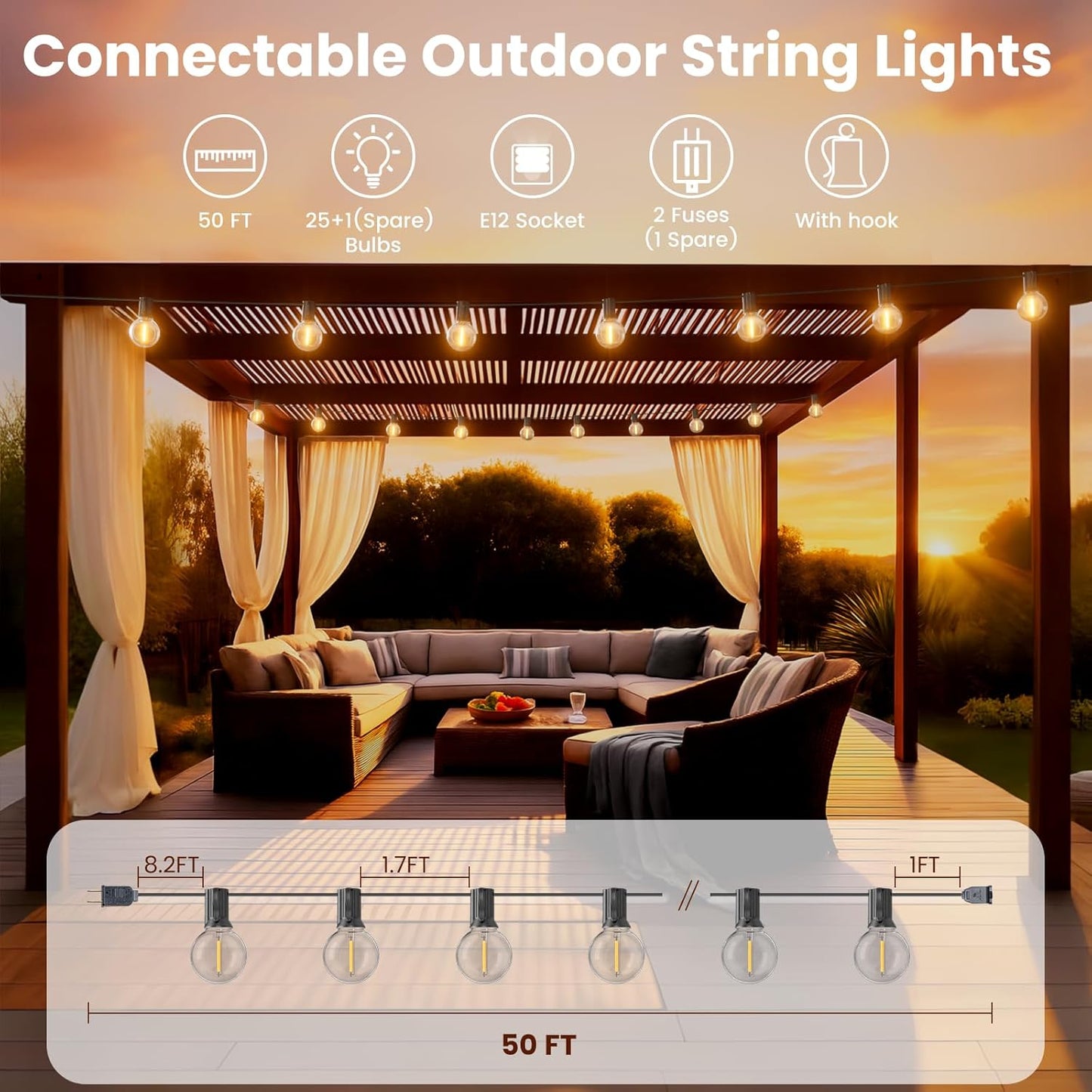 RTTY Outdoor String Lights 50ft, G40 Led Patio Globe Lights with 26pcs Plastic Bulbs, Shatterproof Waterproof Connectable Hanging for Porch Cafe Bistro Backyard Gazebo Balcony Deck Party