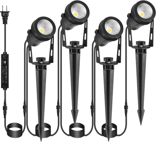 Outdoor Landscape Lighting, 4 Pack LED Outdoor Spot Lights with Transformers, 12V Warm White Low Voltage Landscape Lights IP65 Waterproof Plug in Spotlight for Yard House Pathway Tree Pools