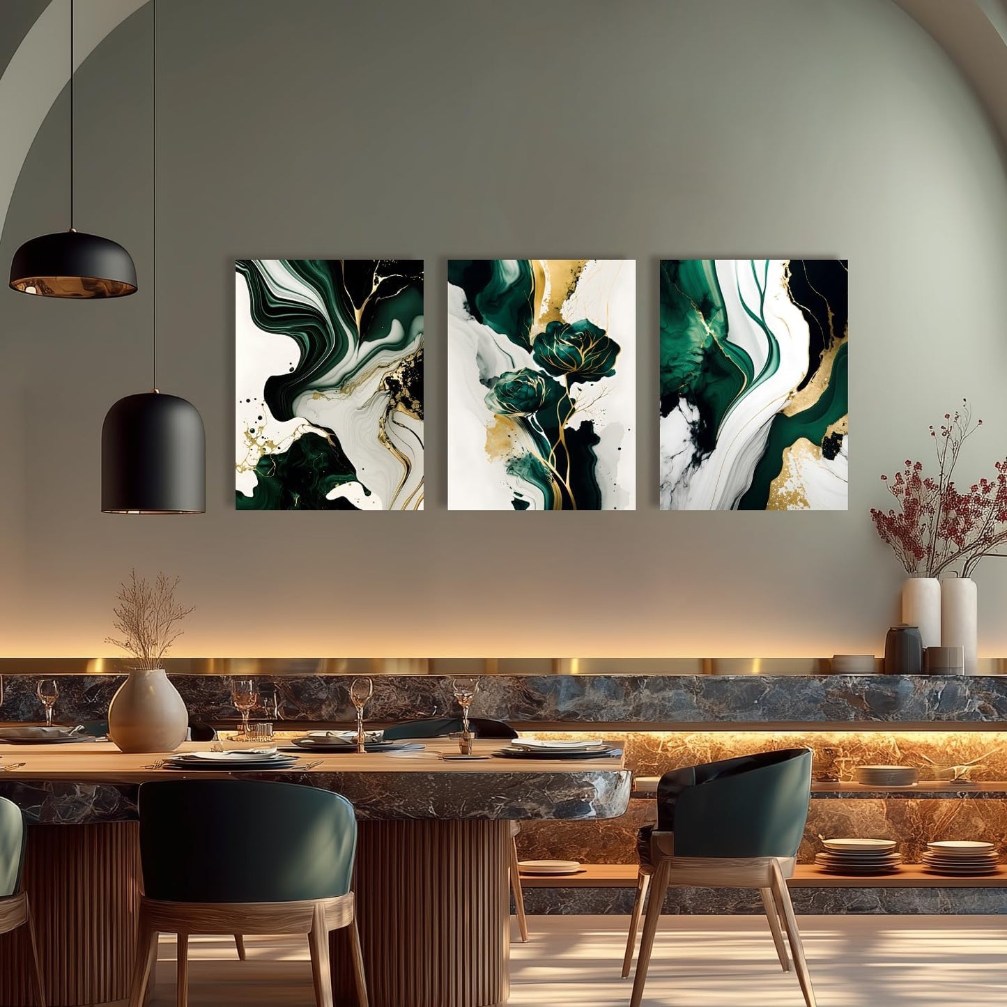 IAFWZX Framed Green Gold Abstract Wall Art, Emerald Marble Textured Wall Decor, Contemporary Line Flower Canvas Paintings, Abstract Floral Poster Prints for Living Room Bedroom Office 16"x24"x3