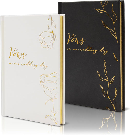 Vows On Our Wedding Day Vow Books (Set of 2) - Black & White Pocket Sized Foil Embossed Foliage Design Wedding Ceremony Vow Renewal Speech Notebook Planner, Gift for Bride & Groom Newly Engaged Couple