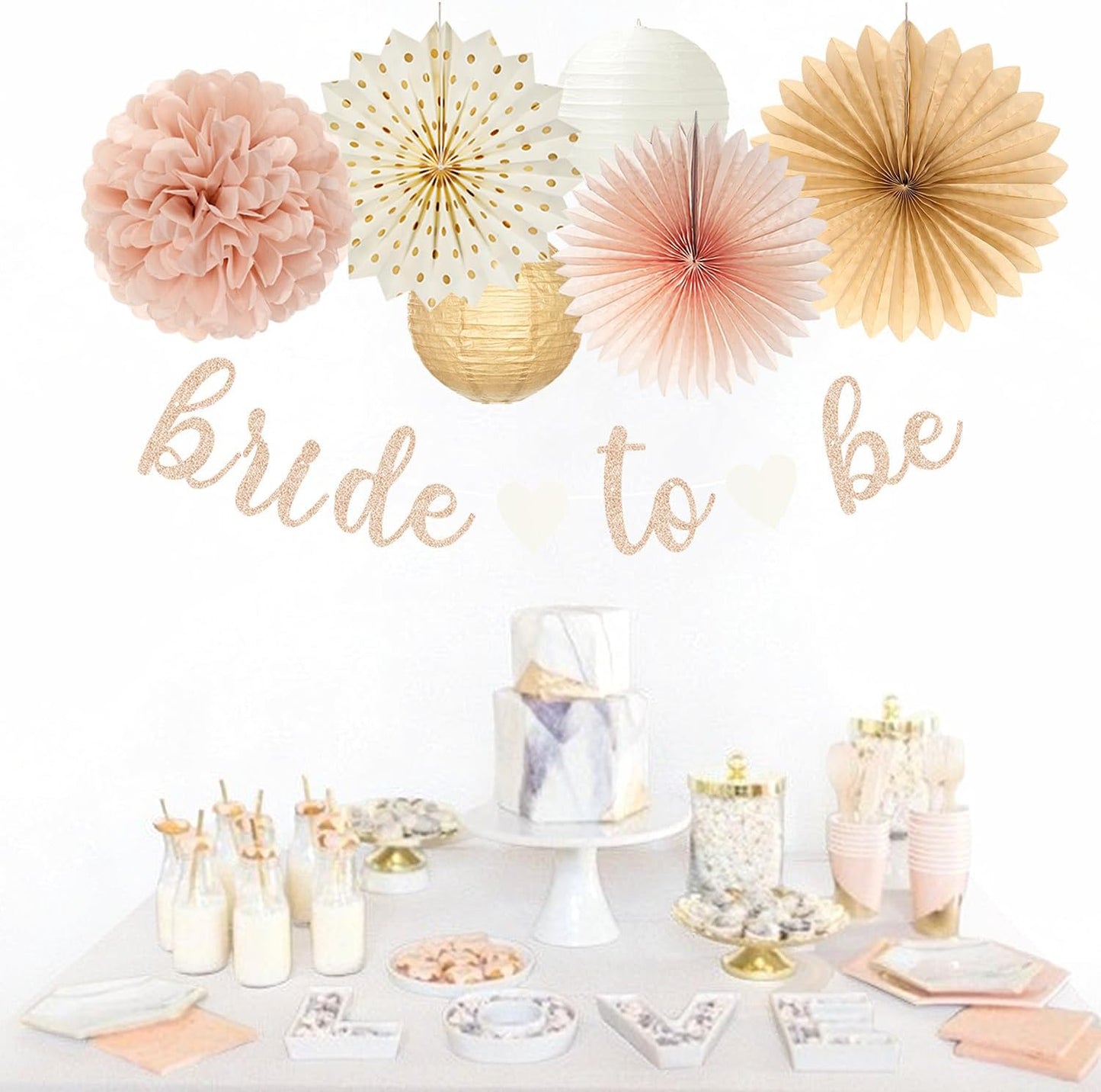 Champagne-Gold Beige Fall Boho Bachelorette Party-Decorations - 21pcs Women Bridal Shower Banner Garland,Bride To Be Paper Streamers Lanterns,Flower Tissue Pom Poms Fan Favors Wedding Decor Huglony