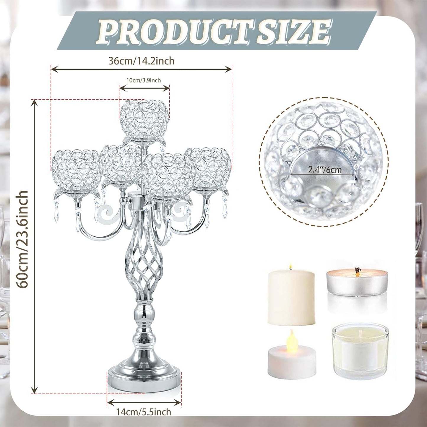 5-Arm Crystal Candelabra Centerpiece 23.2" Tall - Elegant Candle Holder Stand with Crystal Bowl, Chic Table Decor for Weddings, Parties, Anniversary & Home Decoration (2, Silver)