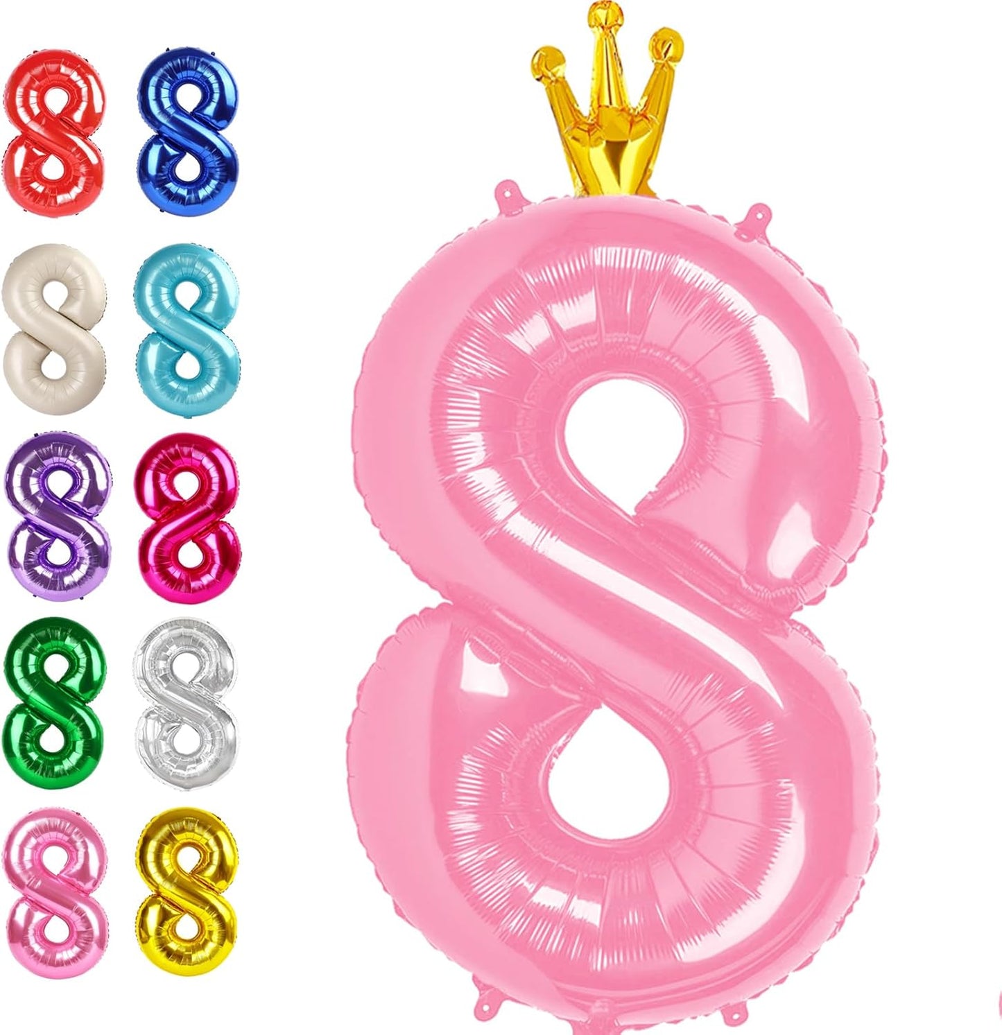 Helium Foil Pink Crown Number 8 Balloon 40 Inch, Mylar Eight Numbers 8 18 28 38 48 58 80 88 Birthday Balloons, Pink Crown Women Men Anniversary Graduations Party Supplies