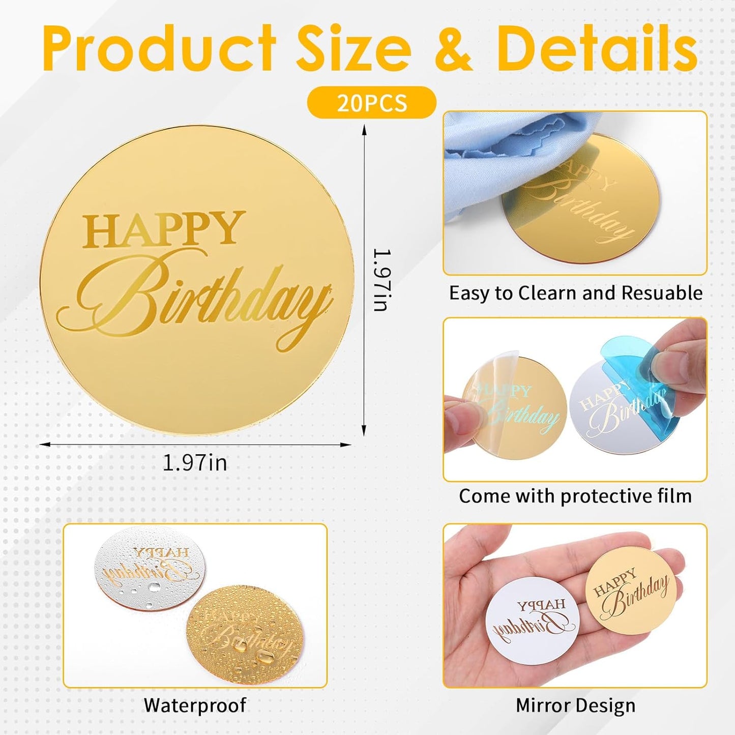 20 Pcs Acrylic Cupcake Toppers Circle Mirror Cake Toppers Disc Happy Birthday Cake Decoration Acrylic Engraved Cakes Picks Personalized Mirror Decoration for Birthday Party DIY Supplies