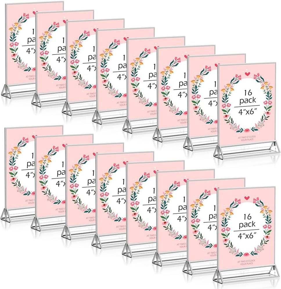 16 Pack 4x6 Clear Acrylic Sign Holders with Silver Borders and Vertical Stand, Double Sided Display Acrylic Table Number Holder for Desktop Table Menu, Wedding, Party, Restaurant