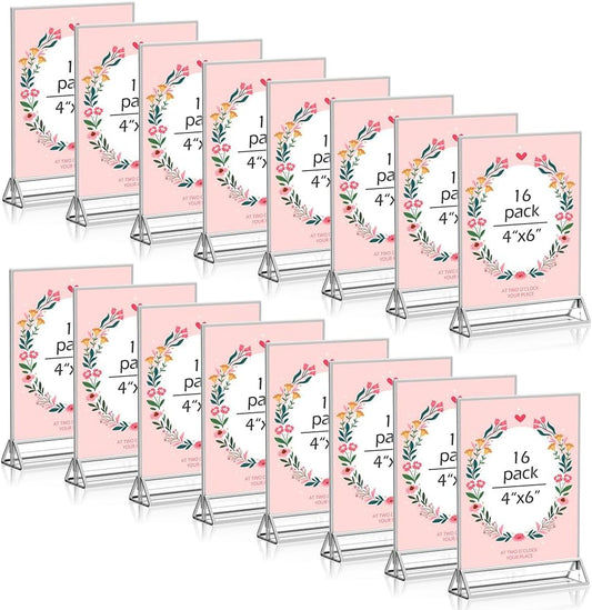 16 Pack 4x6 Clear Acrylic Sign Holders with Silver Borders and Vertical Stand, Double Sided Display Acrylic Table Number Holder for Desktop Table Menu, Wedding, Party, Restaurant