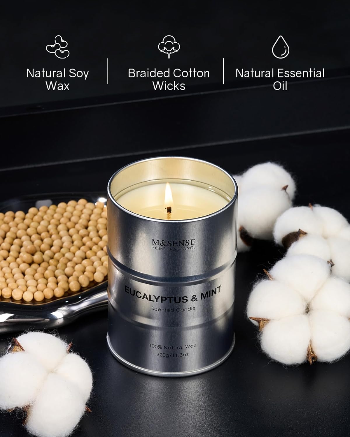 M&SENSE Scented Candle, Eucalyptus Mint Medium Jar Candle for Men, 70 Hours Slow Burning Natural Soy Candles 11.3oz, Stress Relief Aromatherapy Candles Home Decor, Valentines Day Gifts for Him