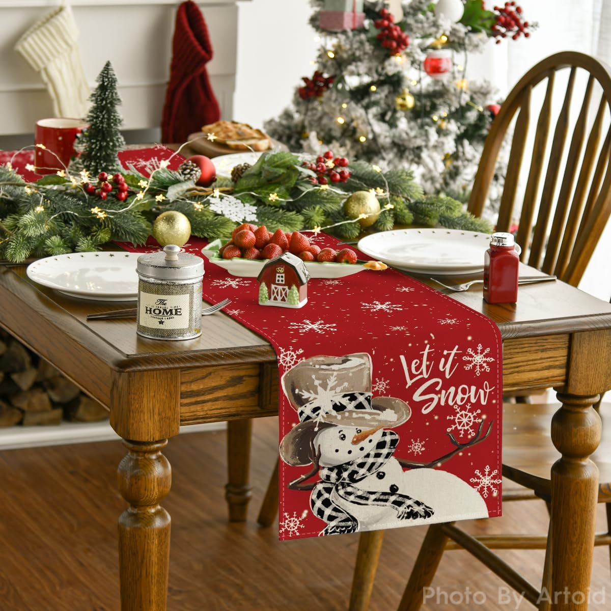 Artoid Mode Red Snowman Snowflake Let it Snow Winter Table Runner, Seasonal Christmas Kitchen Dining Table Decoration for Home Party Decor 13x48 Inch