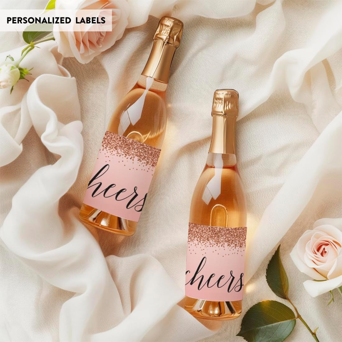 Andaz Press Mini Champagne Wine Bottle Labels, Cheers!, Blush Pink Faux Rose Gold Glitter Elegant, 20-Pack, Party Favor Gift Label Stickers Baby Shower