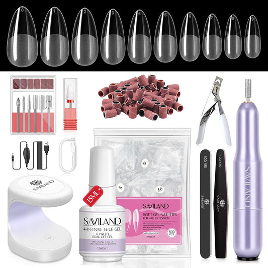 SAVILAND Almond Gel Nail Kit - Nail Drill with U V Lamp for Nails 500PCS Almond Nail Tips Gel Nail X Kit Easy Use Manicure Tool for Manicure Design at Home DIY Salon Gift for Women