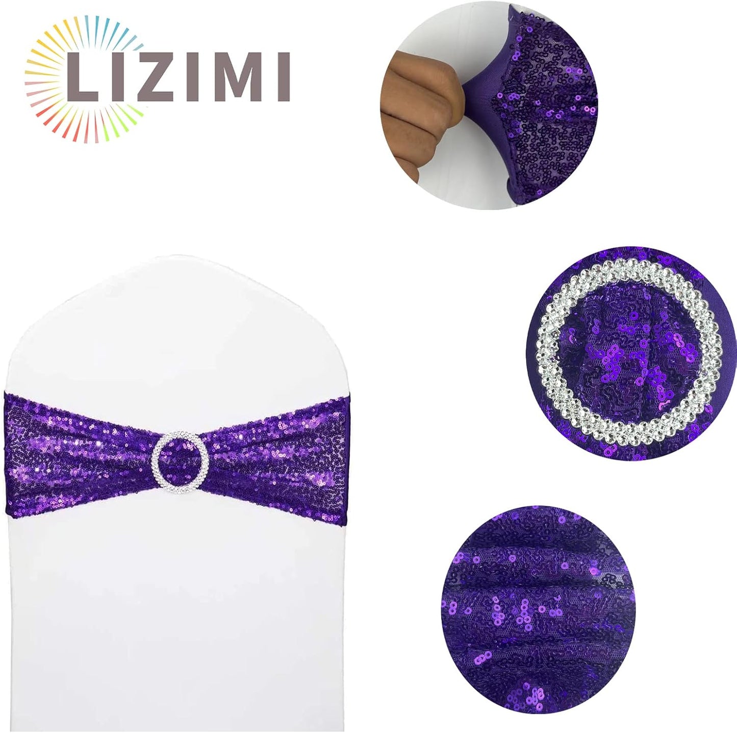 25 Pcs Chair Sashes Sequin Stretch Chair Bands Spandex Polyester Bows for Party Hotel Wedding Banquets Decoration - Purple