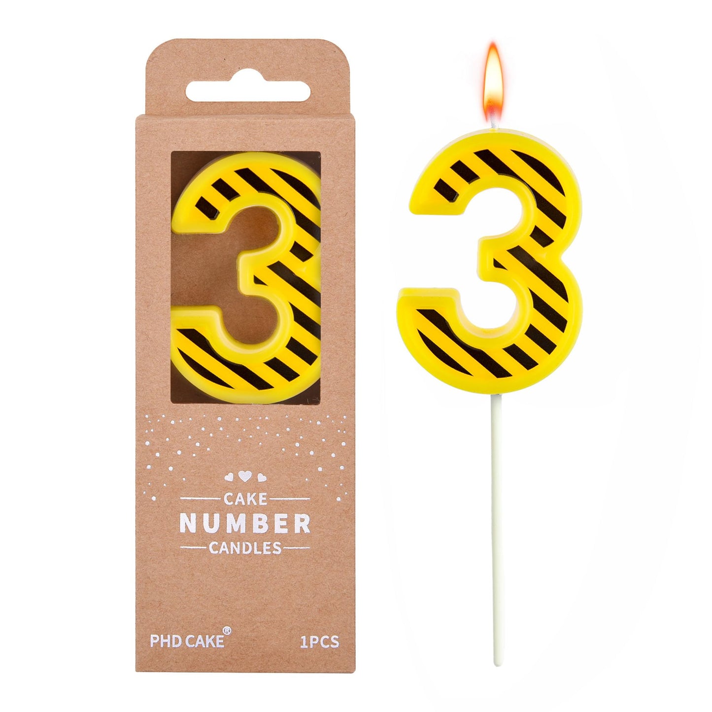 PHD CAKE 2.76 Inch Number 3 Construction Birthday Candles, Yellow and White Stripes Number Candles