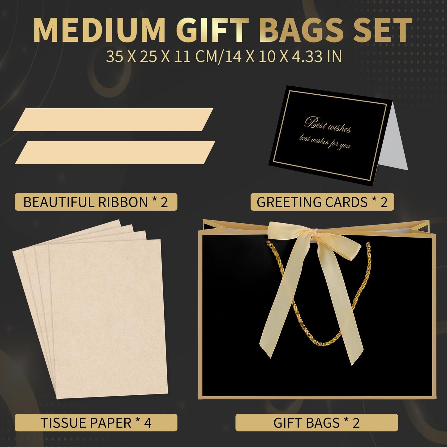 woric Black Gift Bags with Handles, 14" Medium Gift Bag with Tissue Paper