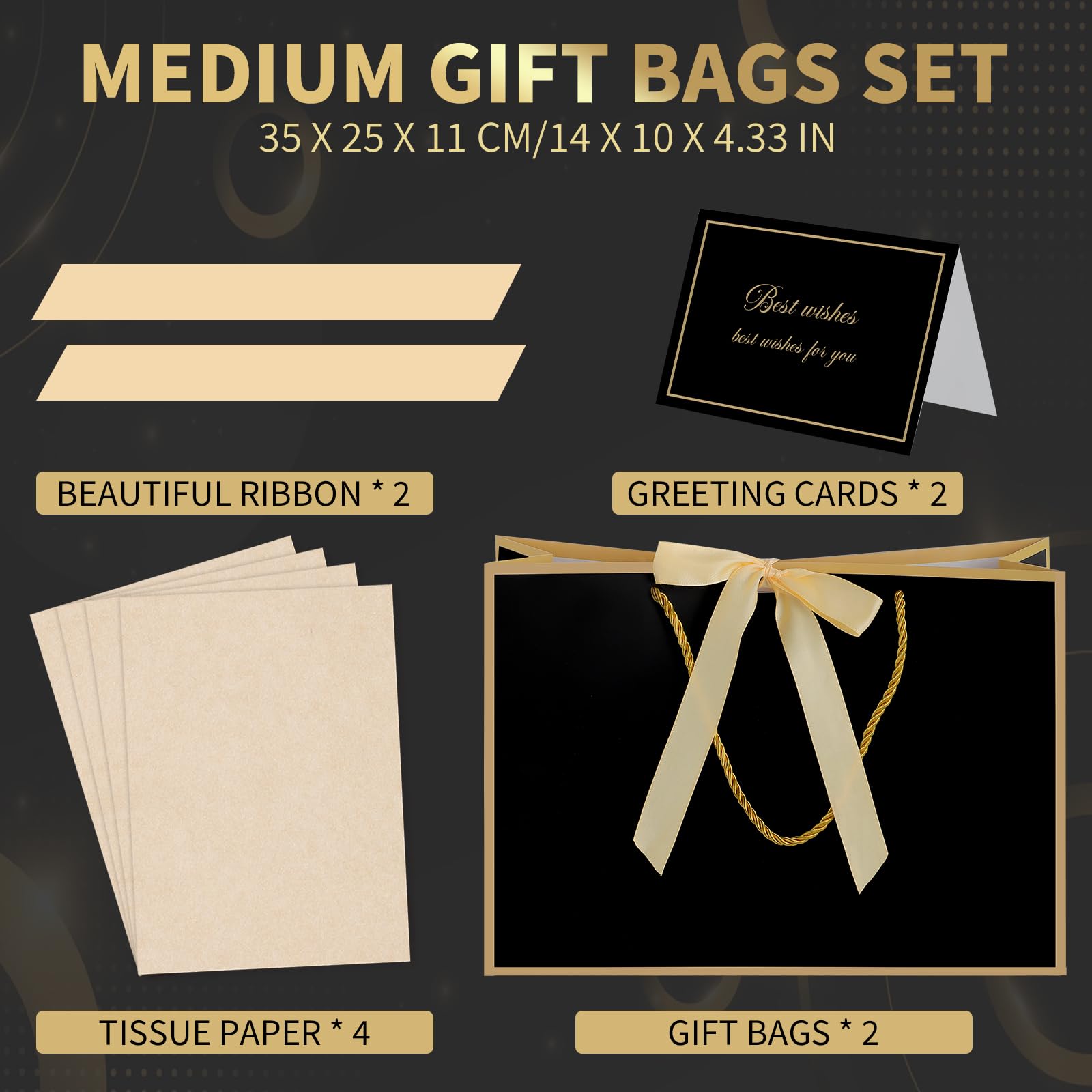 woric Black Gift Bags with Handles, 14" Medium Gift Bag with Tissue Paper