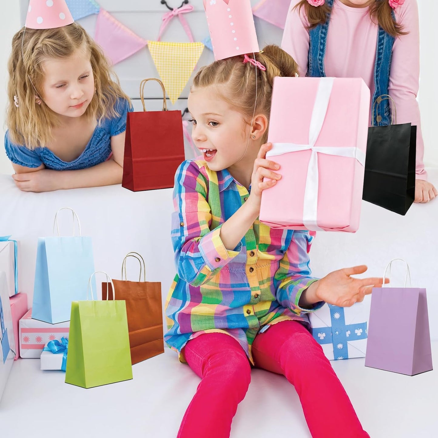 BAG BOX 25 Pack Small 5.9x3.1x8.25 Inch Purple Kraft Paper Gift Bags with Handles for Bulk Shopping, Retail, Craft, Party Favors, Wedding, Grocery & Sacks