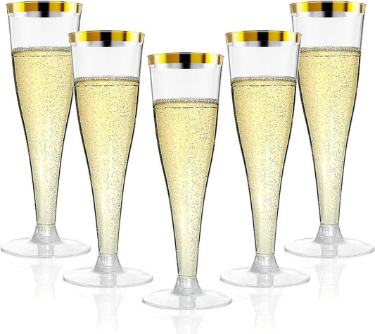 20 Pack Champagne Flutes Plastic Wine Glasses Disposable, 4.5 Oz Gold Rim Mimosa Glasses for 2025 Engagement Wedding Birthday New Years Eve Xmas Party Supplies, Bulk Toasting Cocktail Cups