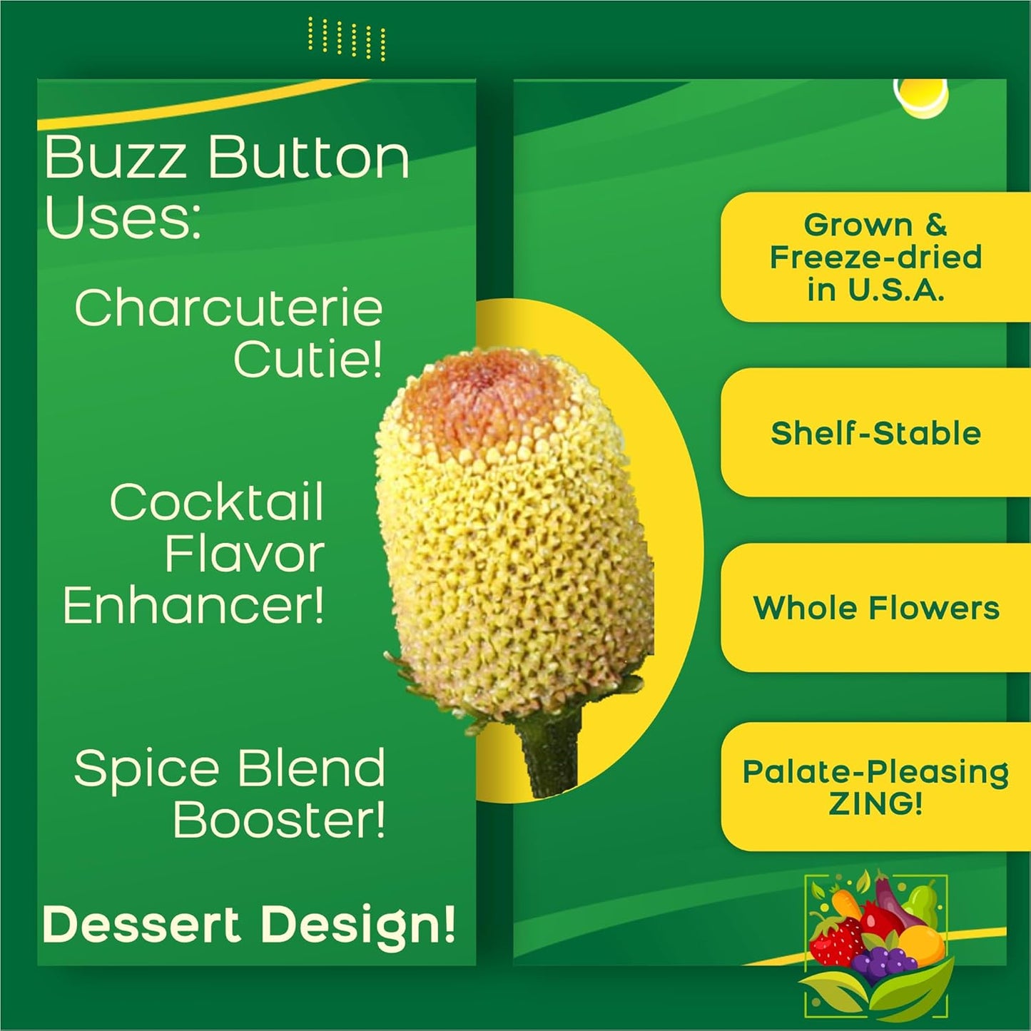 Buzz Buttons Edible Flowers for Cocktails & Desserts - 20 USA Grown Flowers for Drink Garnish - Freeze-dried Spilanthes/Szechuan Button/Acmella Oleracea Flowers (0.2 oz)