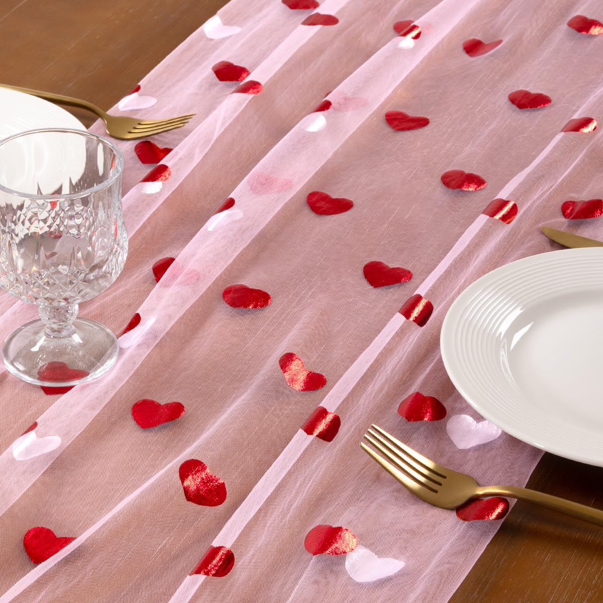 Gold Gauze Table Runner Red Heart Sheer Romantic Wedding Party Table Decor