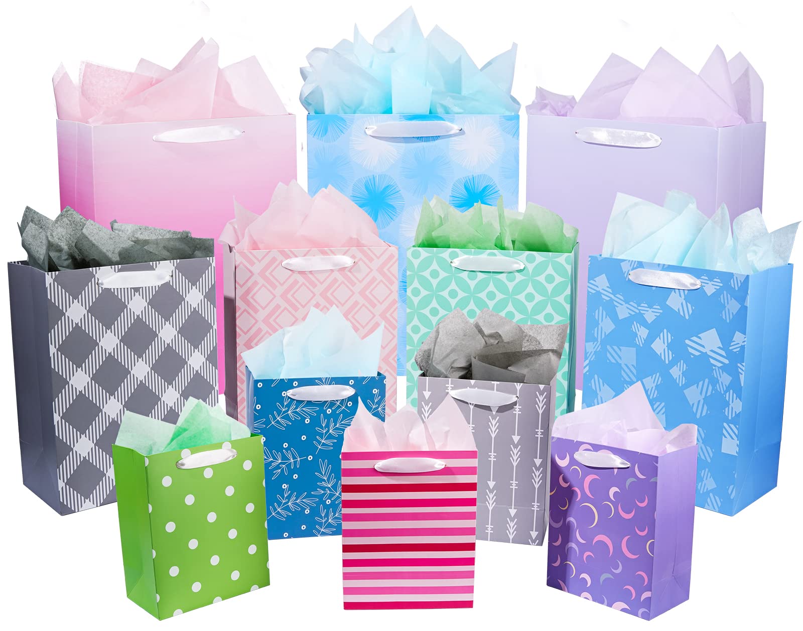 12 Pack Gift Bags Assorted Sizes and Designs, Gift Bags Bulk with Tissue Paper (5 Medium 8", 4