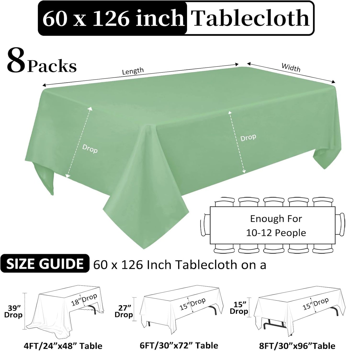 8 Pack Sage Green Tablecloth 60 x 126 Inch Rectangular Tablecloths for 8 Foot Rectangle Tables, Wrinkle Resistant Green Table Cloth Washable Polyester Fabric Table Covers for Party Wedding Banquet