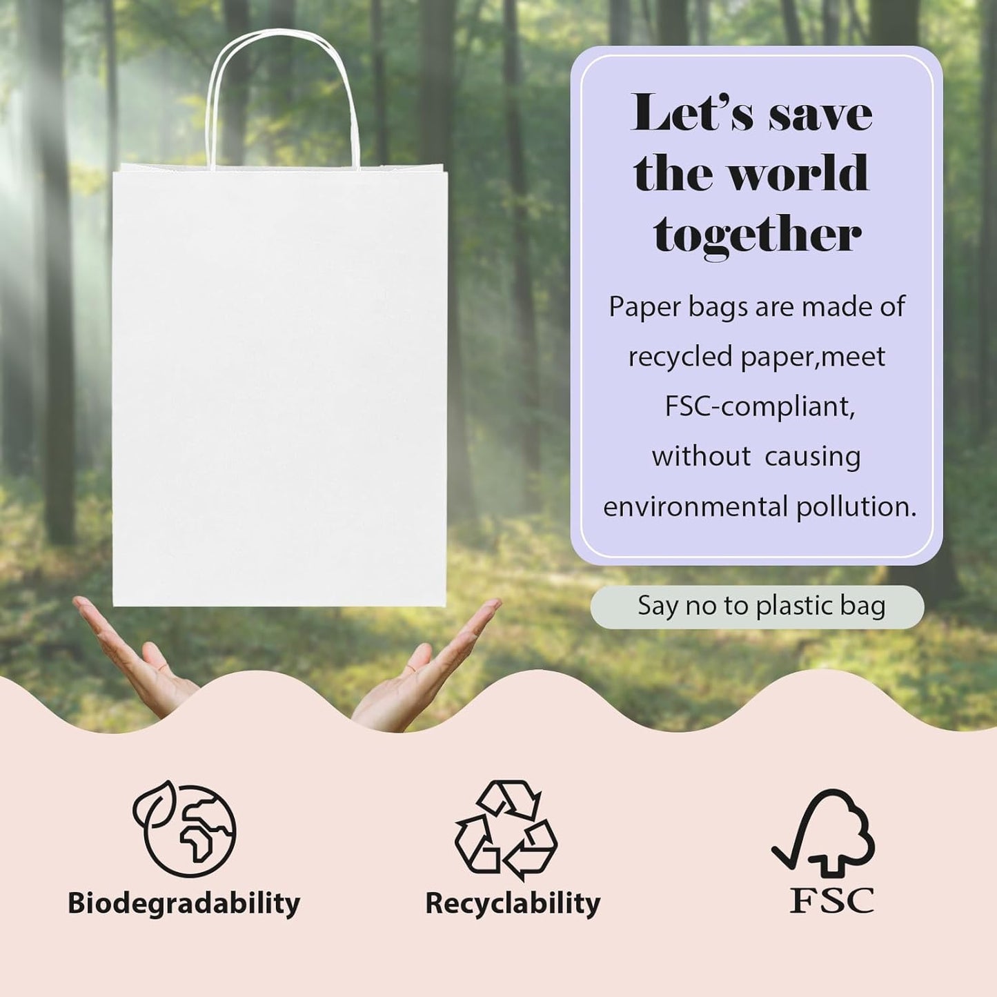 GSSUSA White Kraft Paper Gift Bag with Handles, 10x5x13 Bulk Shopping Grocery Paper Bags 100 Pc, Party Favor, Retail, Small Business, Packaging, Mother's Day, Merchandise, Boutique, Wedding