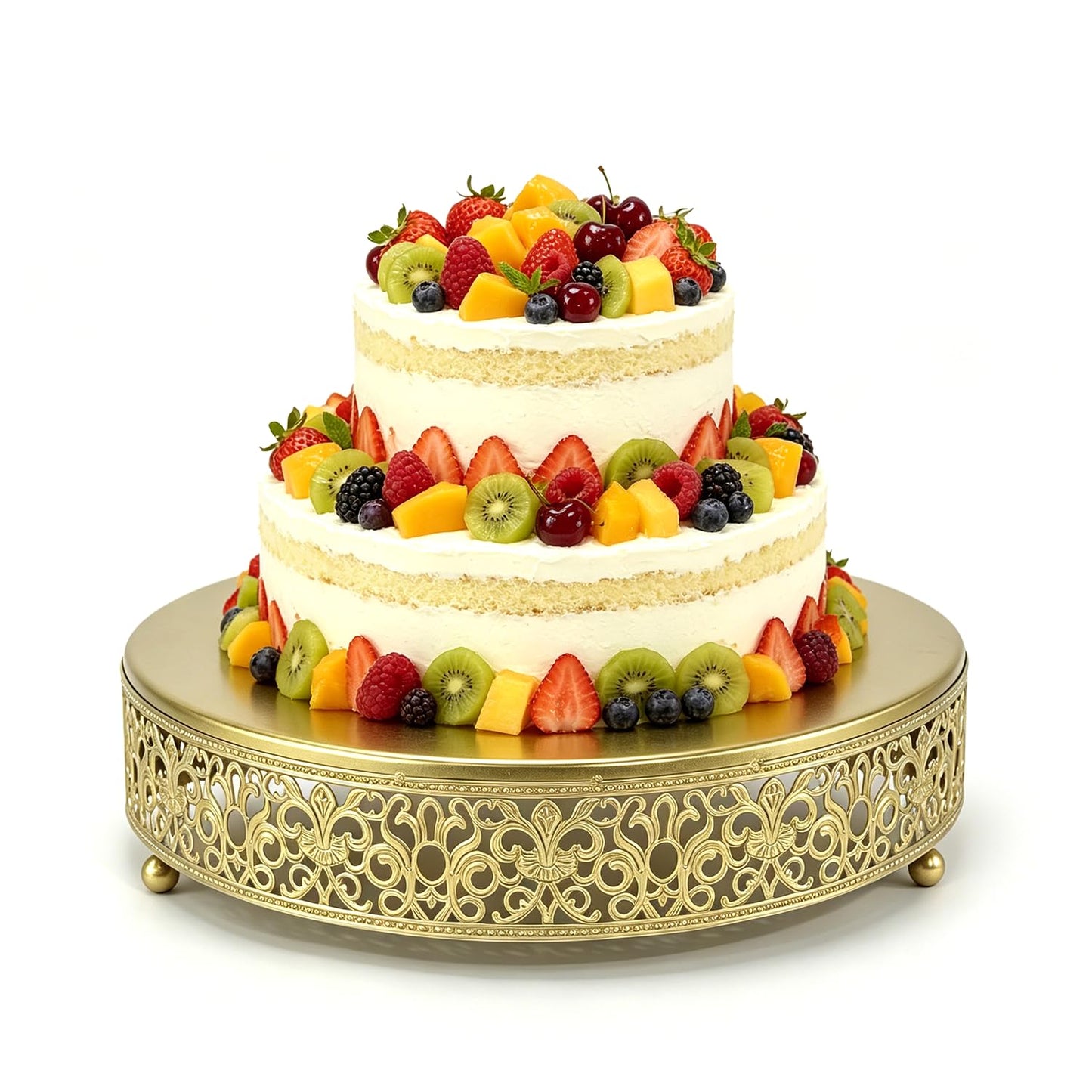 FEICTPOX 12 Inch Luxury Light Gold Cake Stand, Round Metal Dessert Display with Ornate Filigree
