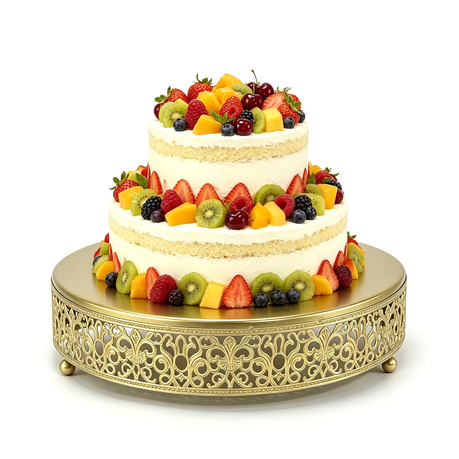 FEICTPOX 12 Inch Luxury Light Gold Cake Stand, Round Metal Dessert Display with Ornate Filigree