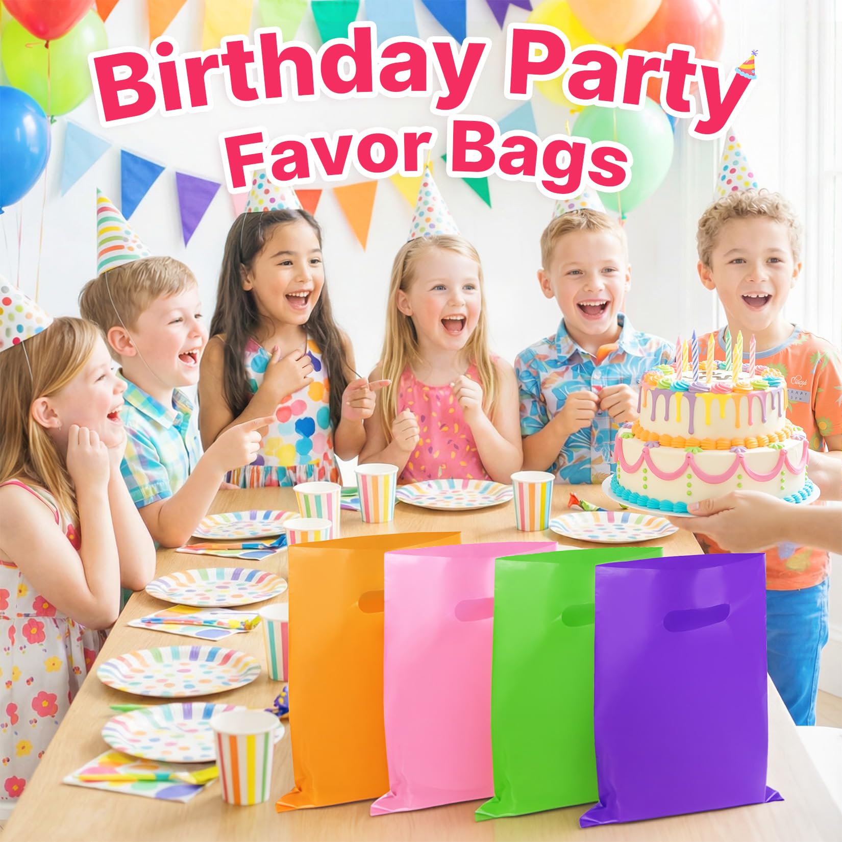 ANZNKU 50PCS Colorful Party Favor Gift Bags 8x11, Plastic Goodie Bags Bulk