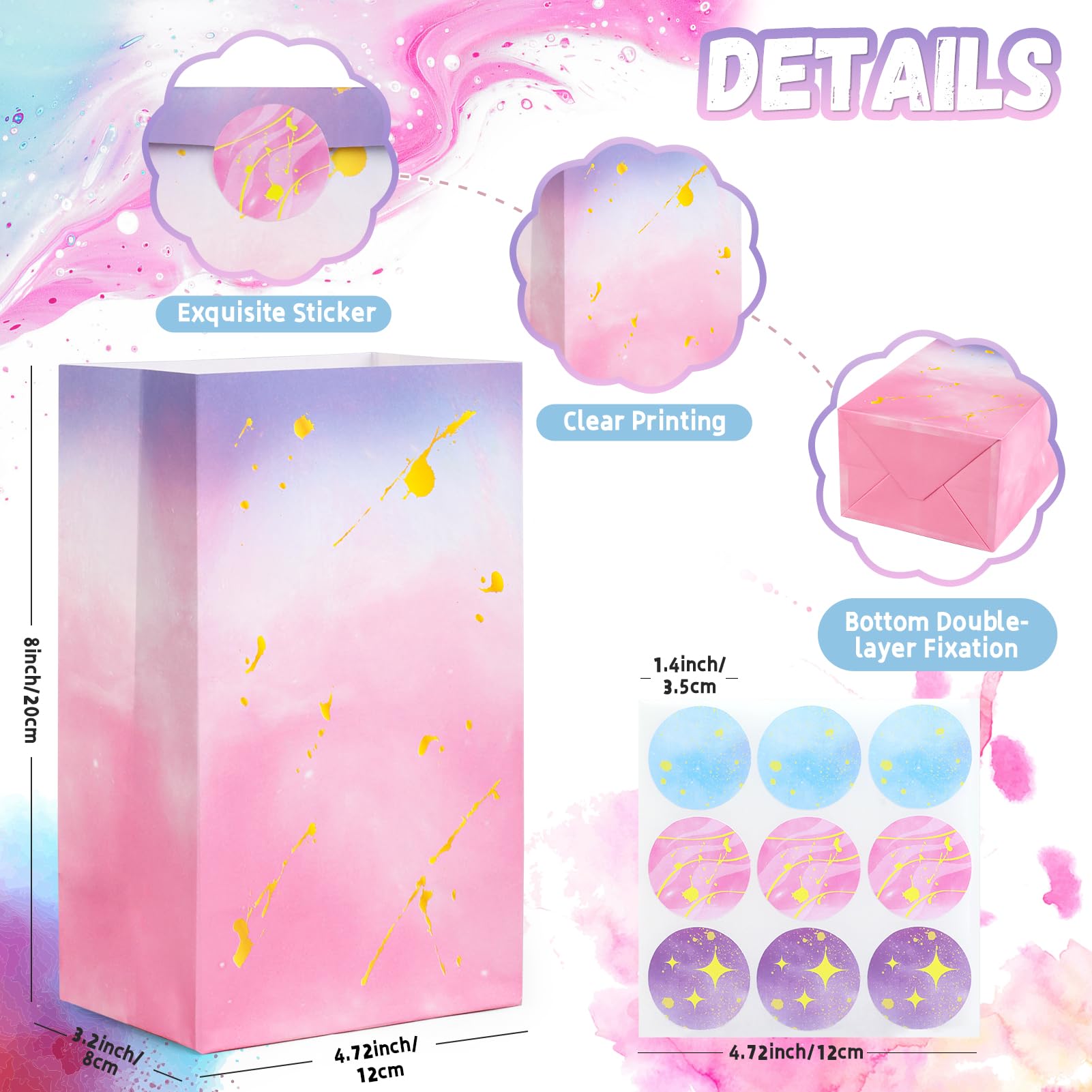 HEJIN 30PCS Tie Dye Party Bags with Stickers, Pink and Purple Small Gift Bags, Mermaid Unicorn