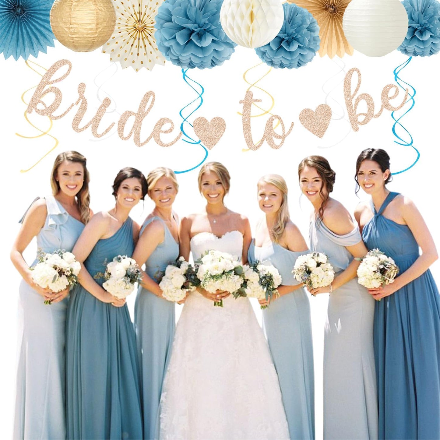 Beige-Champagne-Blue Boho Bachelorette Party-Decorations - 21pcs Women Bridal Shower Banner Garland,Bride To Be Paper Streamers Lanterns,Flower Tissue Pom Poms Fan Favors Wedding Decor Huglony