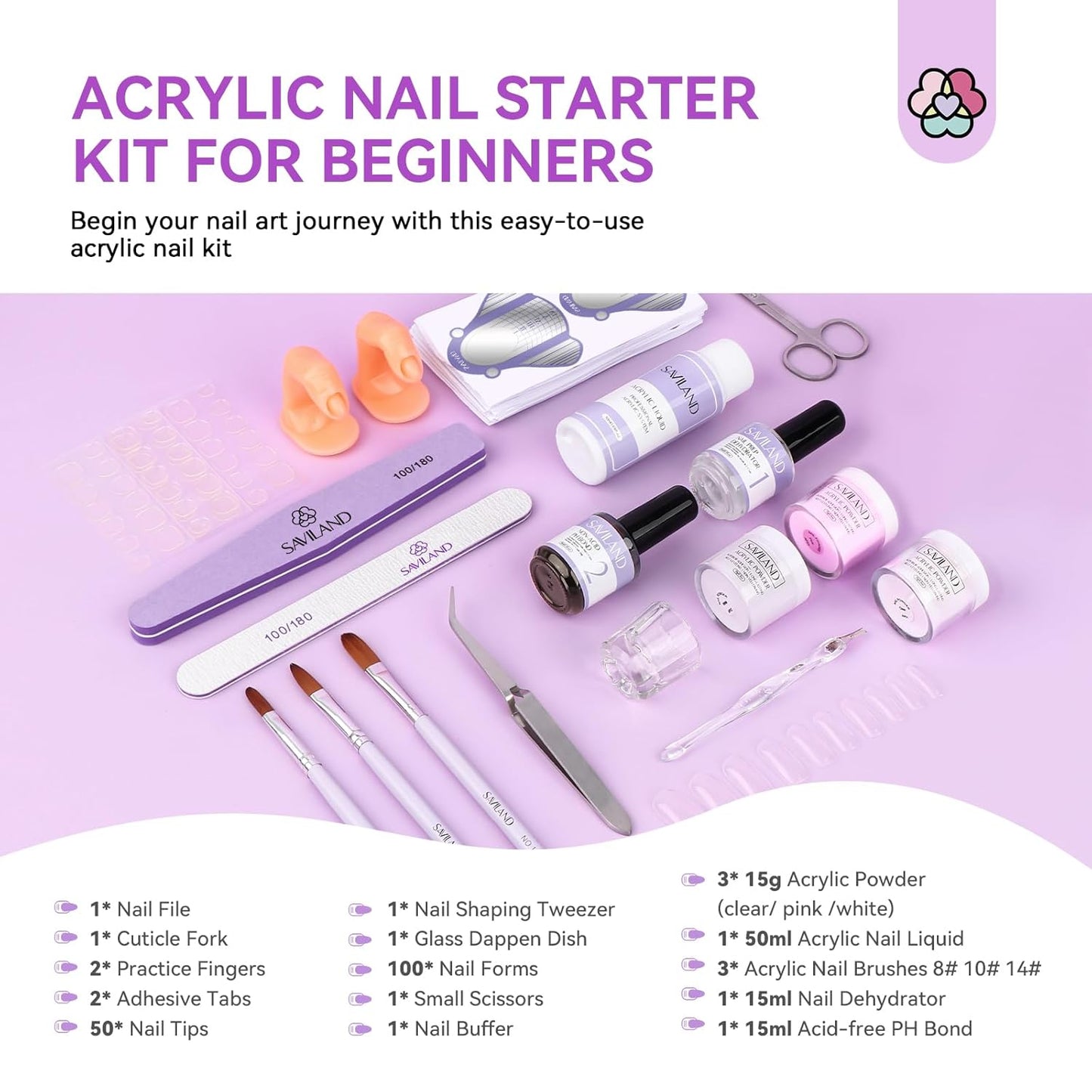 SAVILAND Essentials Acrylic Nail Kit for Beginners: White Pink Clear Acrylic Powder and Liquid Set with Nail Dehydrator Primer Brushes Forms Tips Tools Nails Kit Acrylic Set with Everything Home DIY
