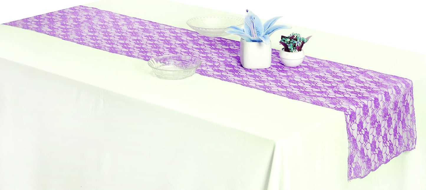 MDS Pack of 25 Wedding 12 x 108 inches Lace Table Runner for Wedding, Decorations for Birthday Parties, Banquets, Graduations, Engagements, and Runners fit Rectangle, Round Table- Lavender