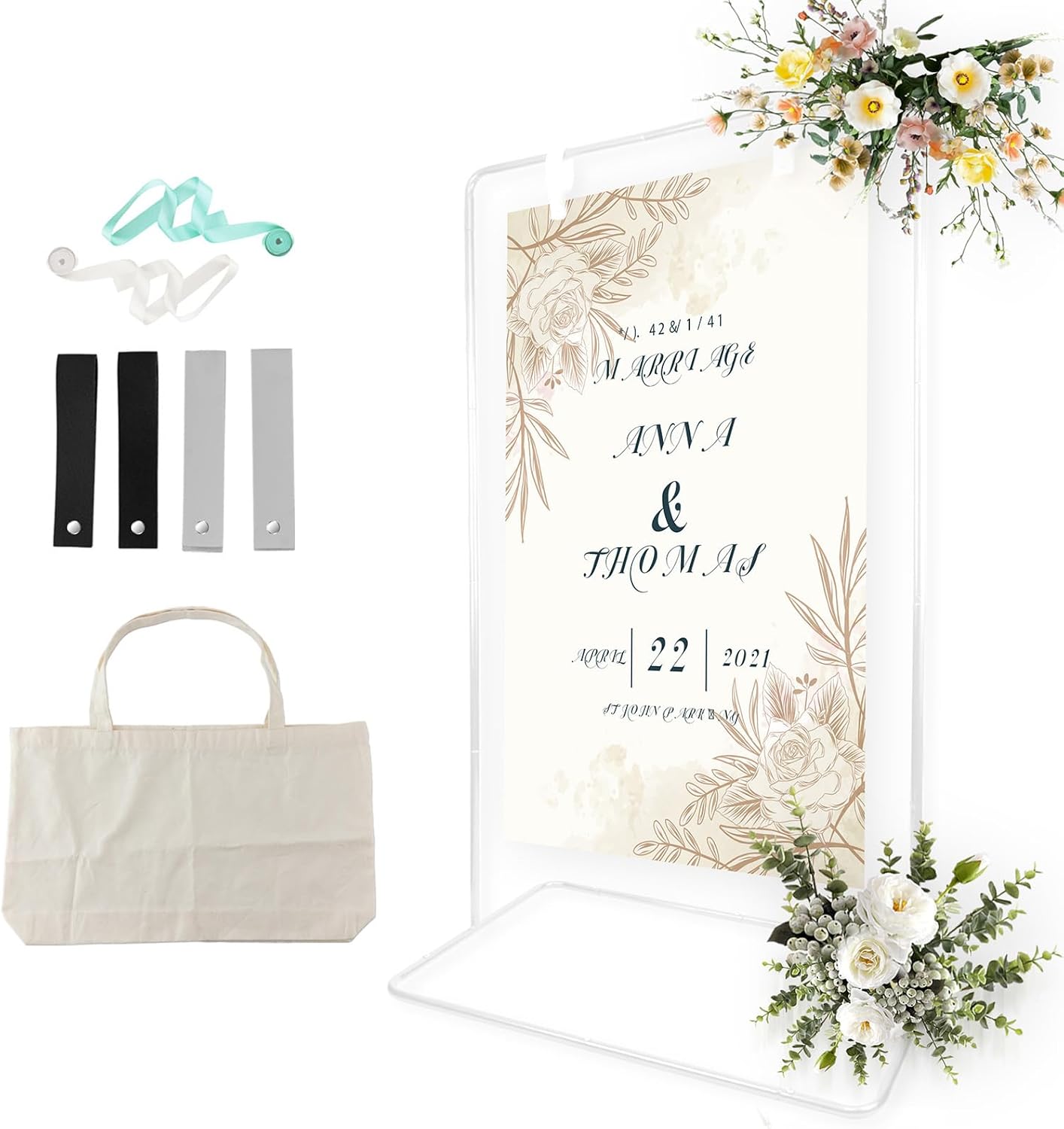 Wedding Sign Holder, Adjustable Welcome Sign Stand w/ Leather Hanging Strap, Satin Ribbon & Carry-on Bag, Heavy Duty Easel Stand for Wedding Seating Chart, Display & Poster (White)