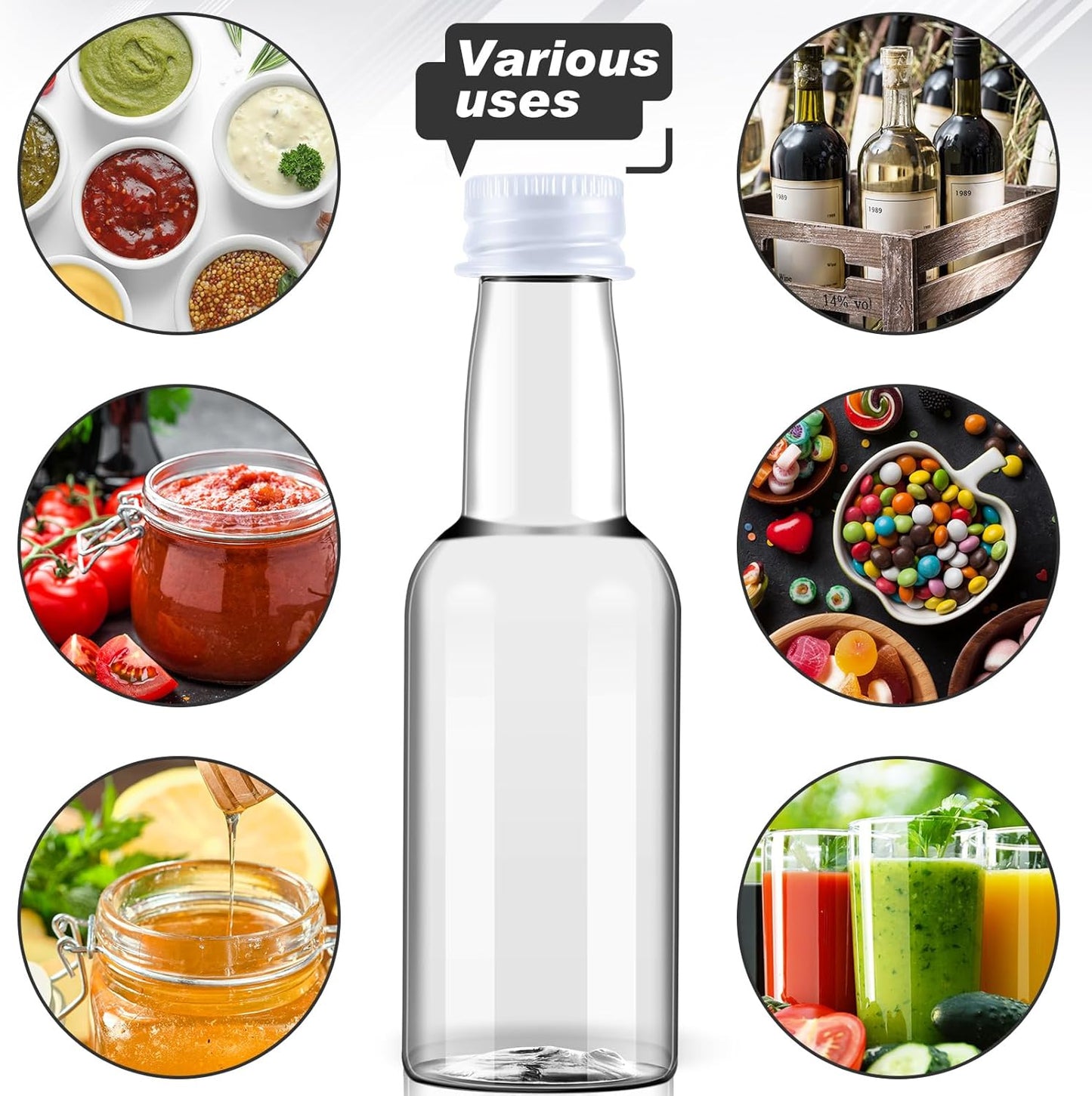 Tessco 100 Pcs Mini Liquor Bottles Plastic Mini Salad Dressing Bottle Christmas Small Shooter Alcohol Holders with Cap Wine Hot Sauce(1.7 Oz,White)