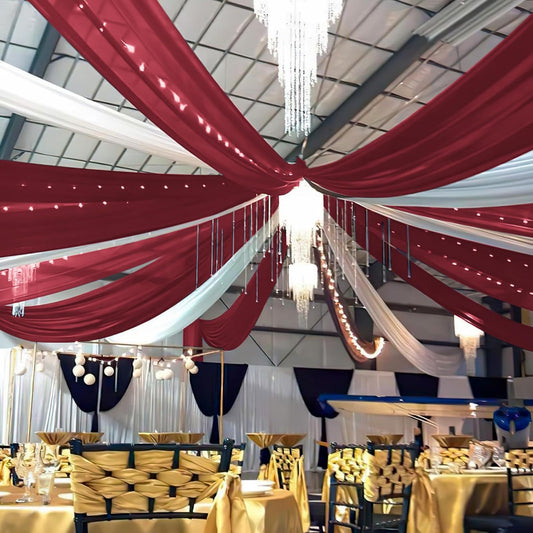 6 Panels Burgundy Wedding Ceiling Drapes 5ftx30ft Ceiling Drapes Chiffon Fabric Arch Draping Sheer Curtains Soft Drapery Draping Wedding Ceiling Decorations for Party Ceremony Stage Swag