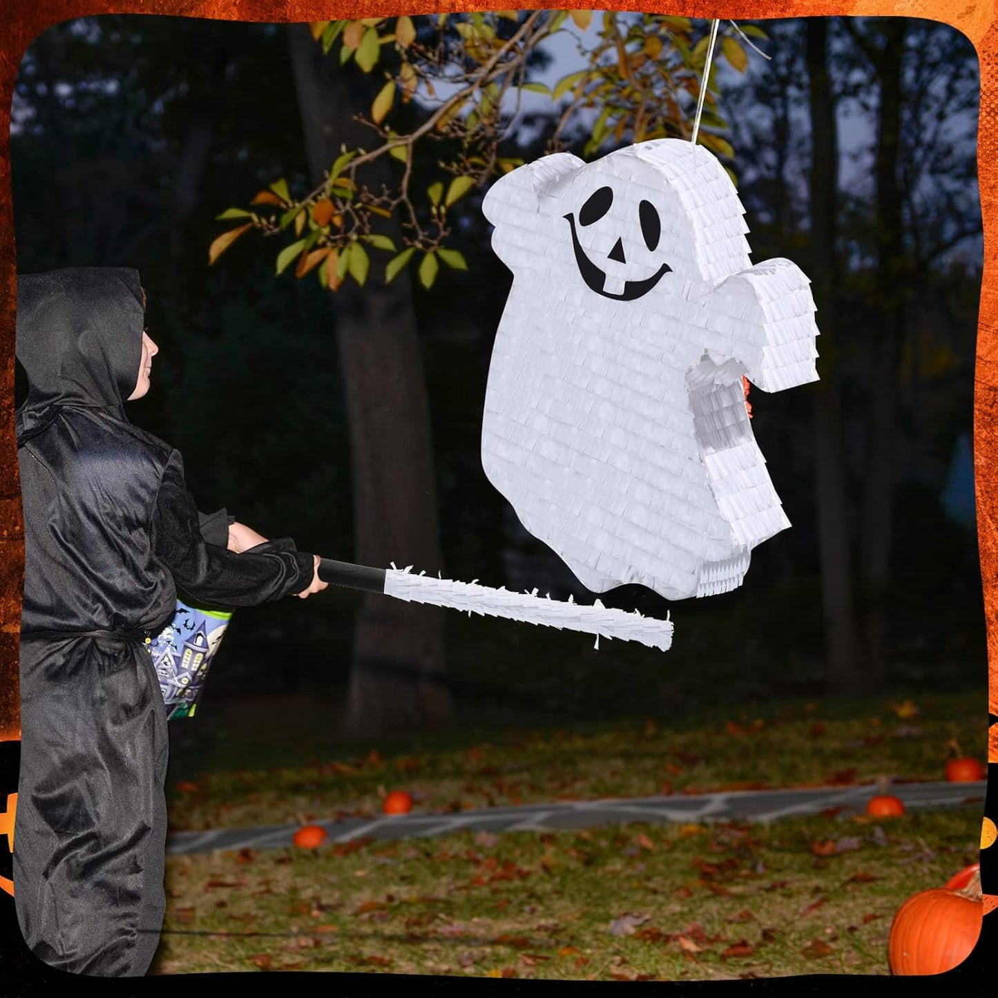 Aoriher Halloween Ghost Piñata Spooky White Ghost Piñata with Stick and Blindfold Halloween Hanging Decoration Mexican Piñata for Birthday Game Halloween Party Supplies
