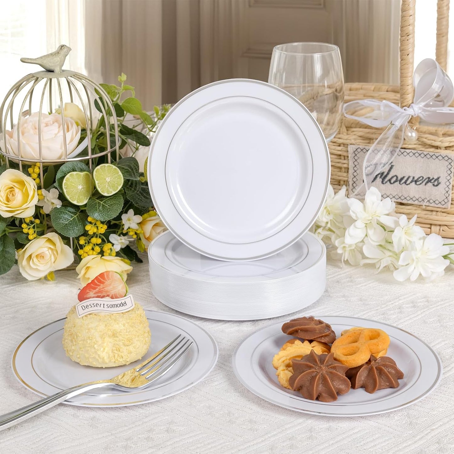 bUCLA 200PCS Silver Plastic Plates - 6.25inch White with Silver Trim Disposable Salad/Dessert/Appetizer/Small Cake Plates - Ideal for Wedding & Party