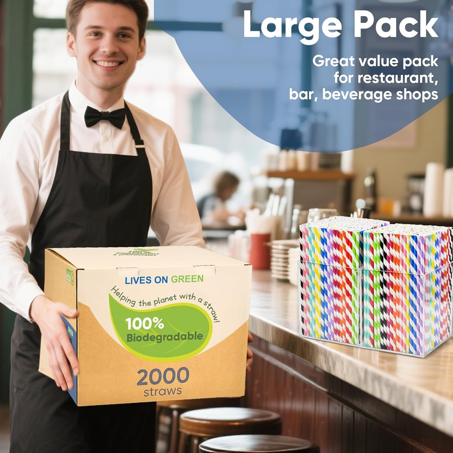 Disposable 7.75" Colorful Paper Drinking Straws Bulk 2000 Counts, 10 Assorted Colors, Eco & Compostable - for Cocktail, Holiday Party, Restaurant, Bar Supply