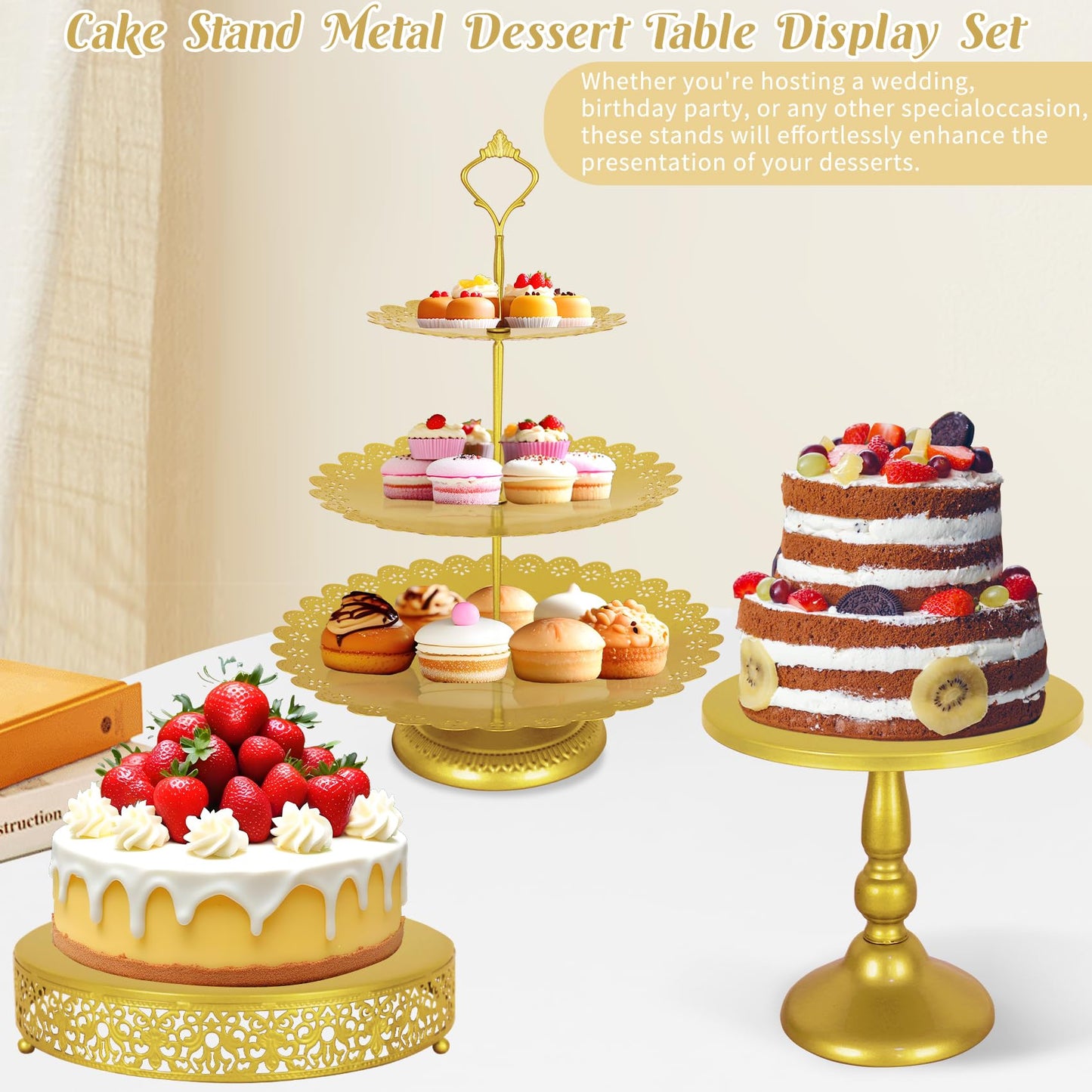Fivenl 8 Pcs Cake Stand Gold Metal Dessert Table Display Set, 3-Tier Cupcake Stand, Cake Display