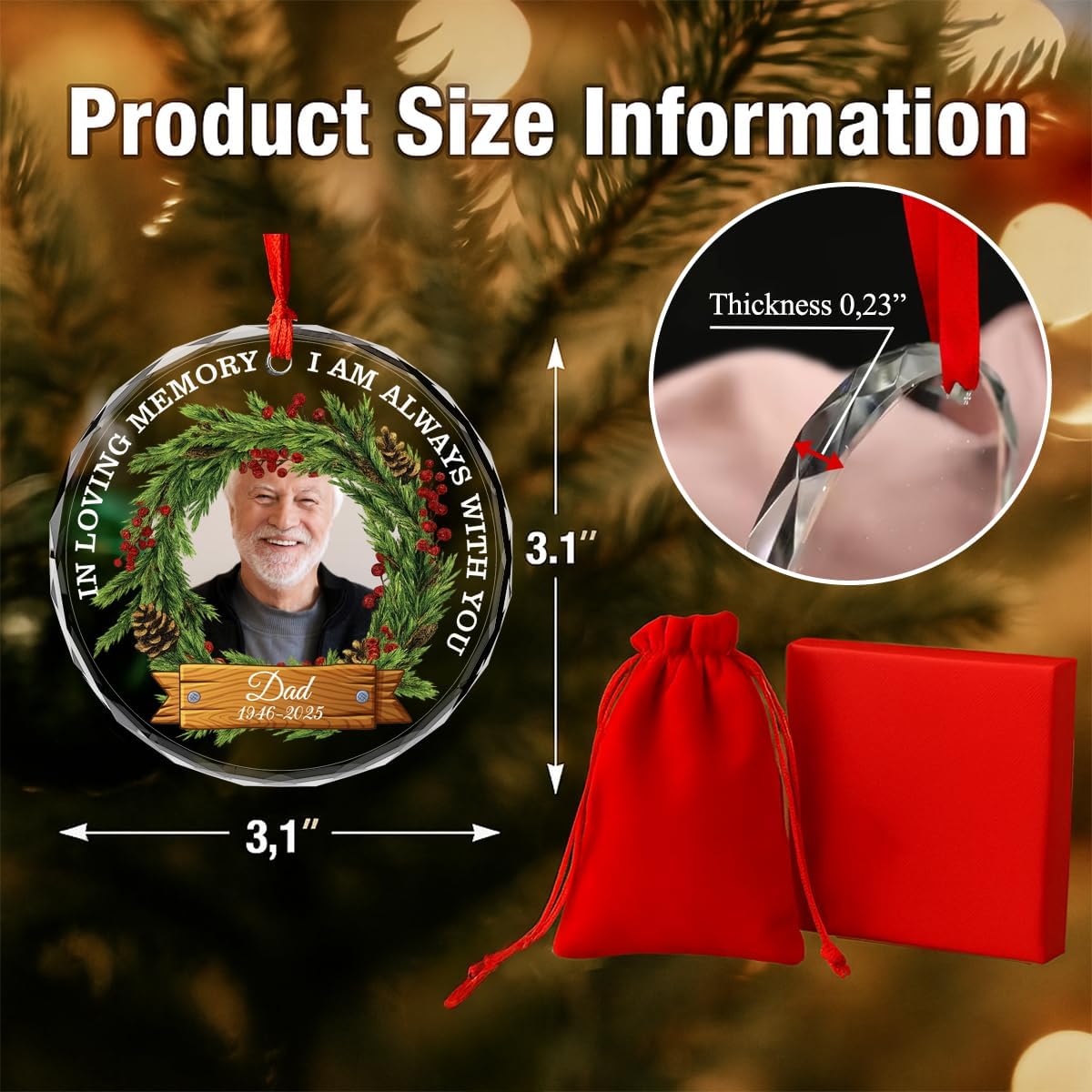 Personalized Memorial Glass Ornament 2025 – I Am Always with You Ornament, Custom Photo Memorial Christmas Ornament, Christmas|Birthday|Anniversary Keepsake for Loss of Loved One (M4)